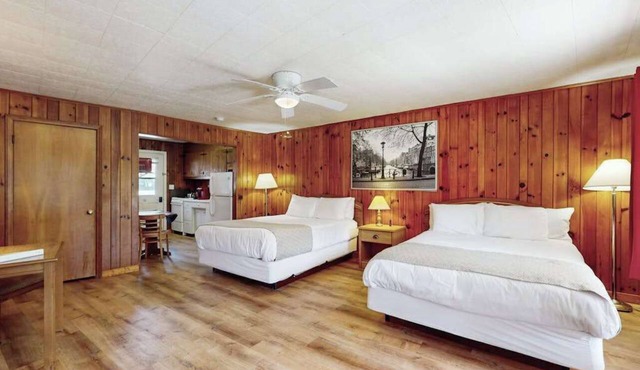Lakeview pet friendly studio with pool, fire pit, canoes & paddle boats, & WiFi